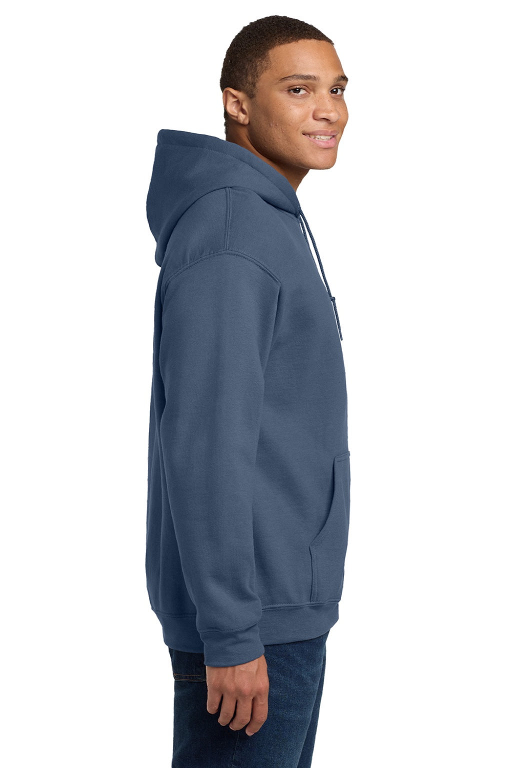 Gildan 18500 Mens Pill Resistant Hooded Sweatshirt Hoodie w/ Pouch Pocket Indigo Blue Model Side