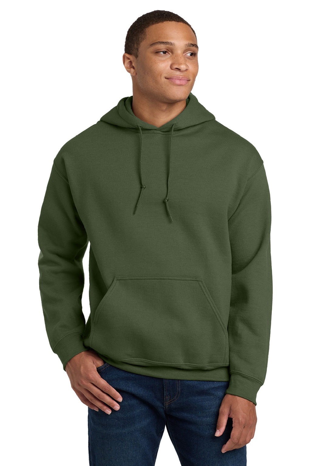 Gildan 18500 Mens Pill Resistant Hooded Sweatshirt Hoodie w/ Pouch Pocket Military Green Model Front
