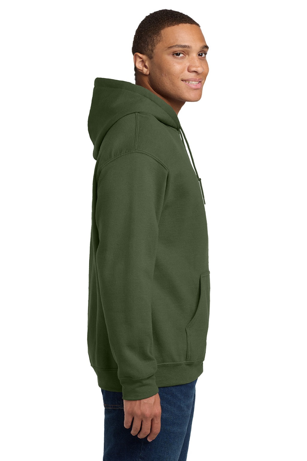 Gildan 18500 Mens Pill Resistant Hooded Sweatshirt Hoodie w/ Pouch Pocket Military Green Model Side