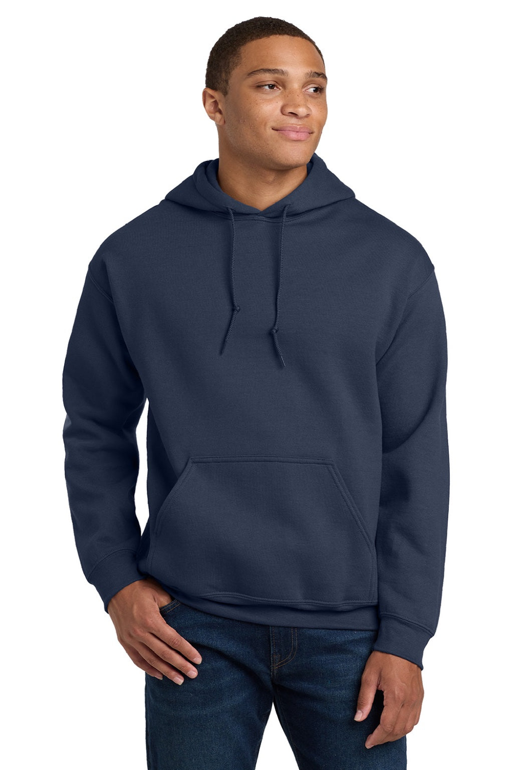 Gildan 18500 Mens Pill Resistant Hooded Sweatshirt Hoodie w/ Pouch Pocket Navy Blue Model Front