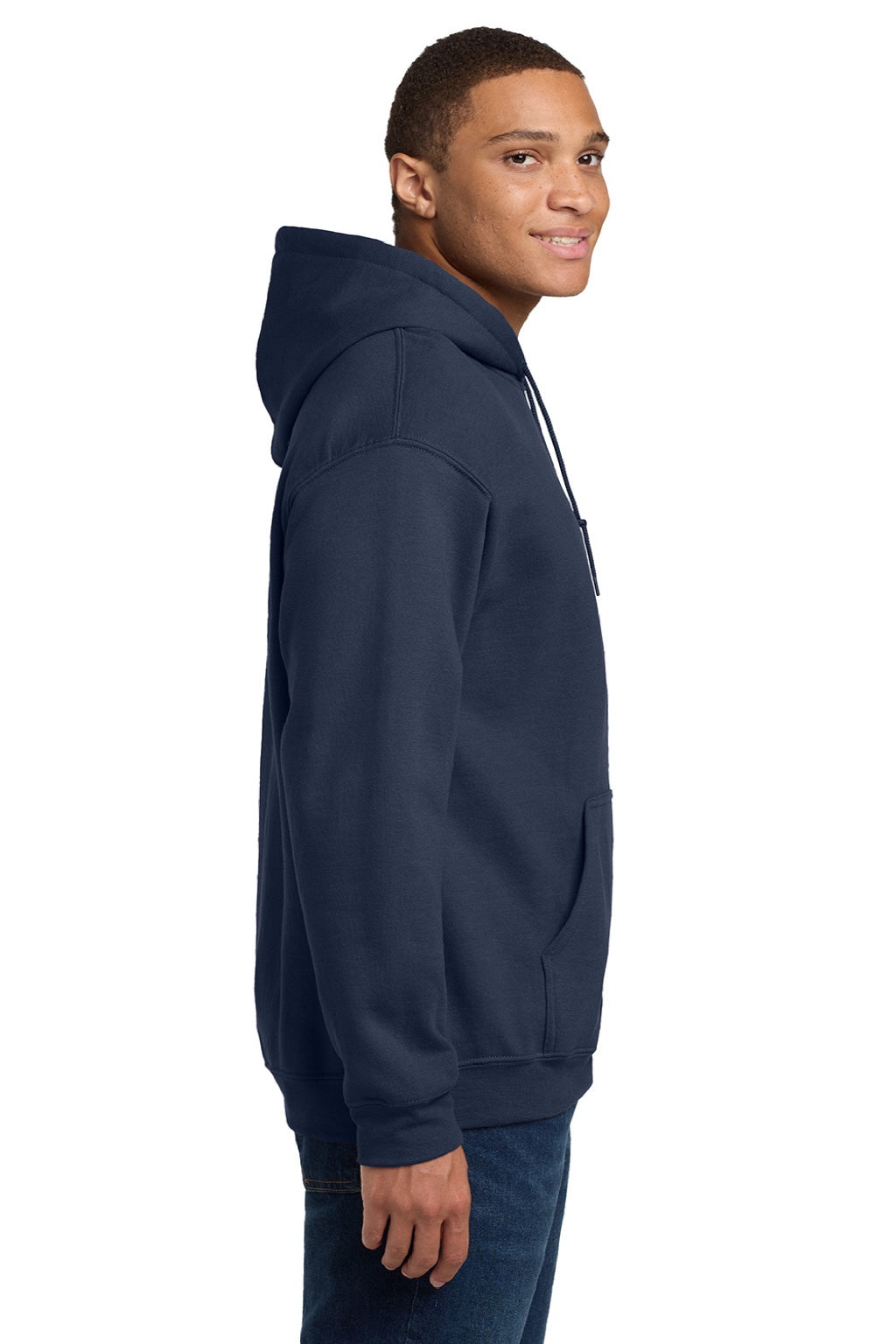 Gildan 18500 Mens Pill Resistant Hooded Sweatshirt Hoodie w/ Pouch Pocket Navy Blue Model Side