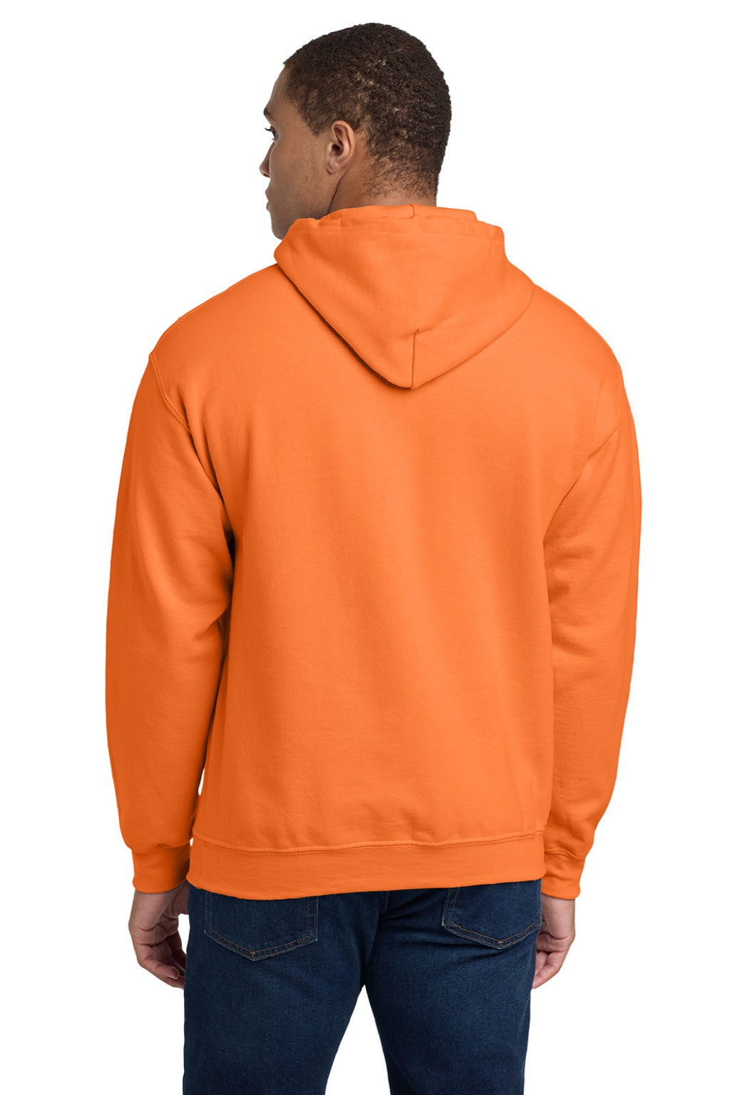 Gildan 18500 Mens Pill Resistant Hooded Sweatshirt Hoodie w/ Pouch Pocket Safety Orange Model Back