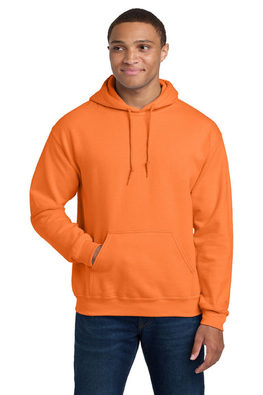 Gildan 18500 Mens Pill Resistant Hooded Sweatshirt Hoodie w/ Pouch Pocket Safety Orange Model Front