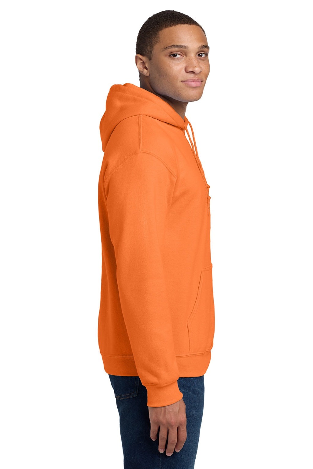 Gildan 18500 Mens Pill Resistant Hooded Sweatshirt Hoodie w/ Pouch Pocket Safety Orange Model Side