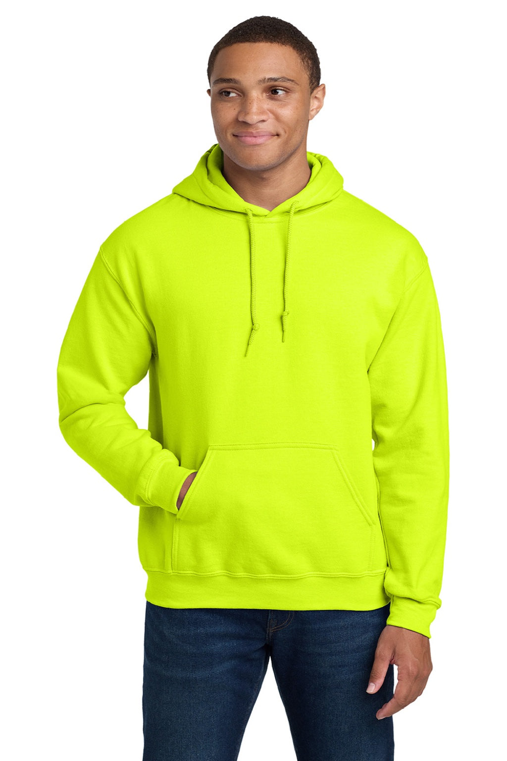 Gildan 18500 Mens Pill Resistant Hooded Sweatshirt Hoodie w/ Pouch Pocket Safety Green Model Front