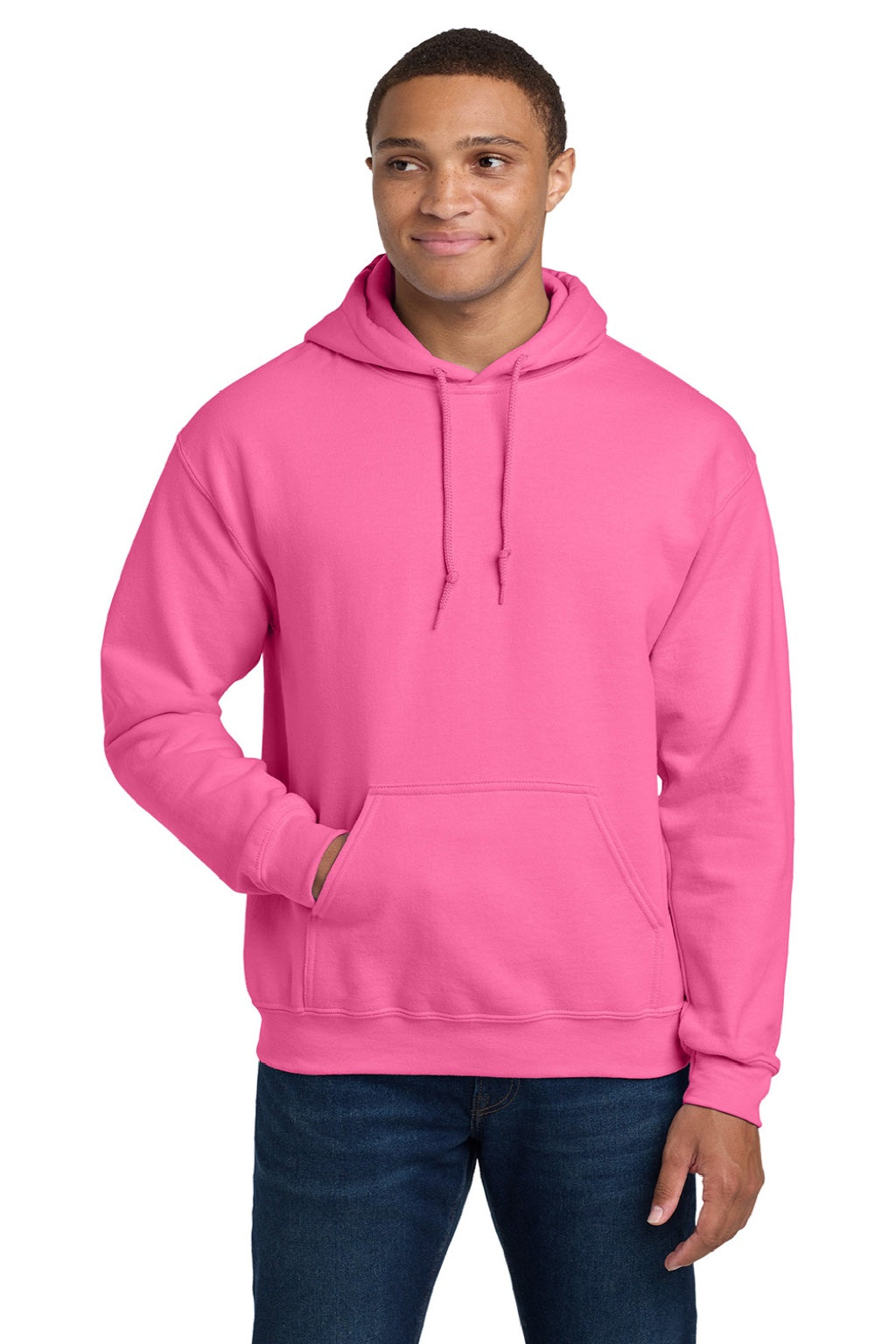 Gildan 18500 Mens Pill Resistant Hooded Sweatshirt Hoodie w/ Pouch Pocket Safety Pink Model Front