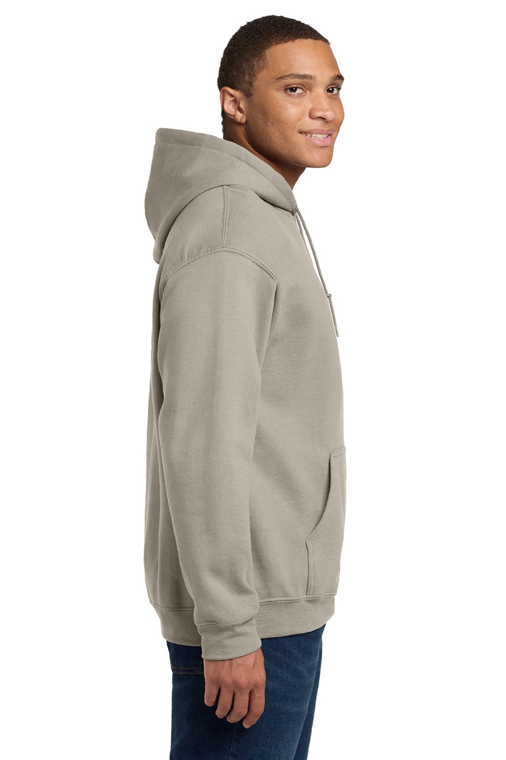 Gildan 18500 Mens Pill Resistant Hooded Sweatshirt Hoodie w/ Pouch Pocket Sand Model Side