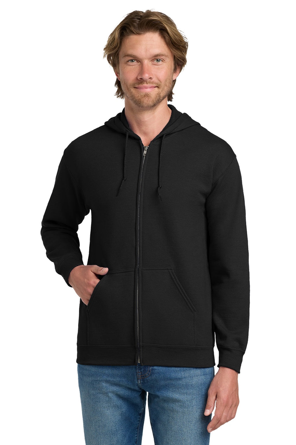 Gildan 18600 Mens Pill Resistant Full Zip Hooded Sweatshirt Hoodie w/ Pockets Black Model Front