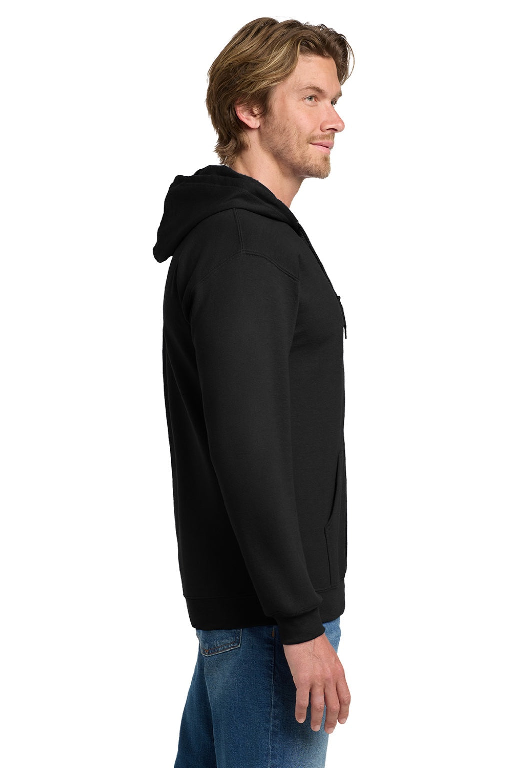 Gildan 18600 Mens Pill Resistant Full Zip Hooded Sweatshirt Hoodie w/ Pockets Black Model Side