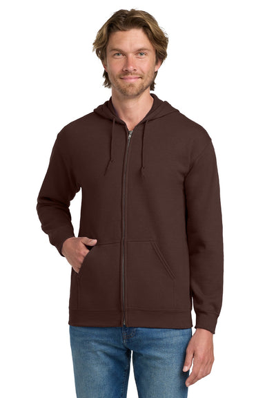Gildan 18600 Mens Pill Resistant Full Zip Hooded Sweatshirt Hoodie w/ Pockets Dark Chocolate Brown Model Front