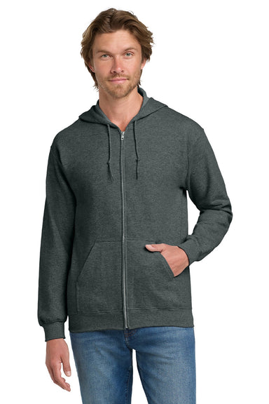 Gildan 18600 Mens Pill Resistant Full Zip Hooded Sweatshirt Hoodie w/ Pockets Heather Dark Grey Model Front