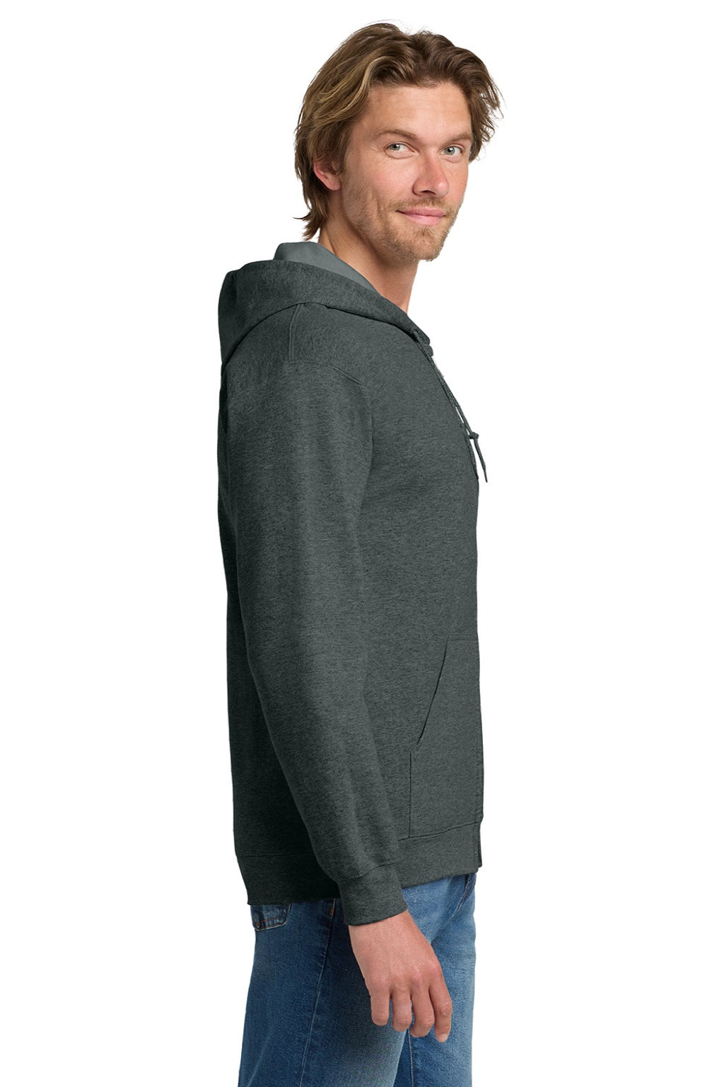 Gildan 18600 Mens Pill Resistant Full Zip Hooded Sweatshirt Hoodie w/ Pockets Heather Dark Grey Model Side