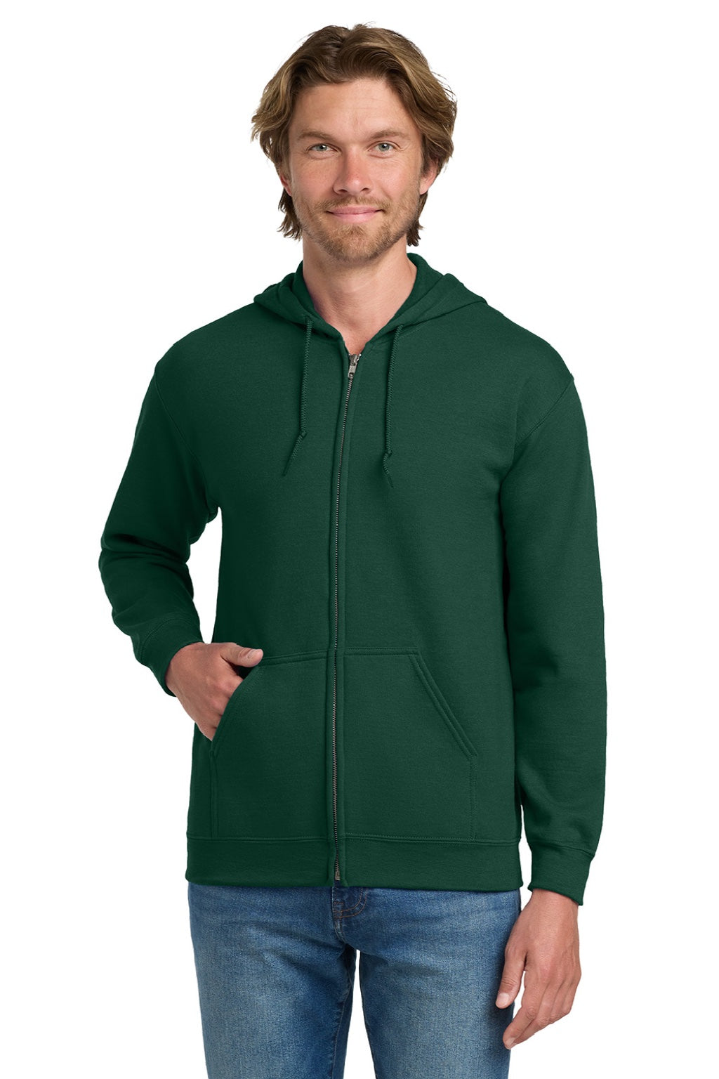 Gildan 18600 Mens Pill Resistant Full Zip Hooded Sweatshirt Hoodie w/ Pockets Forest Green Model Front