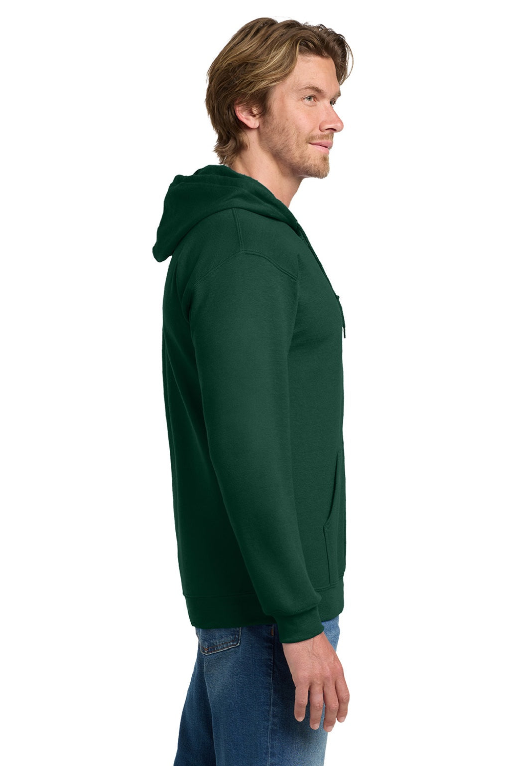 Gildan 18600 Mens Pill Resistant Full Zip Hooded Sweatshirt Hoodie w/ Pockets Forest Green Model Side