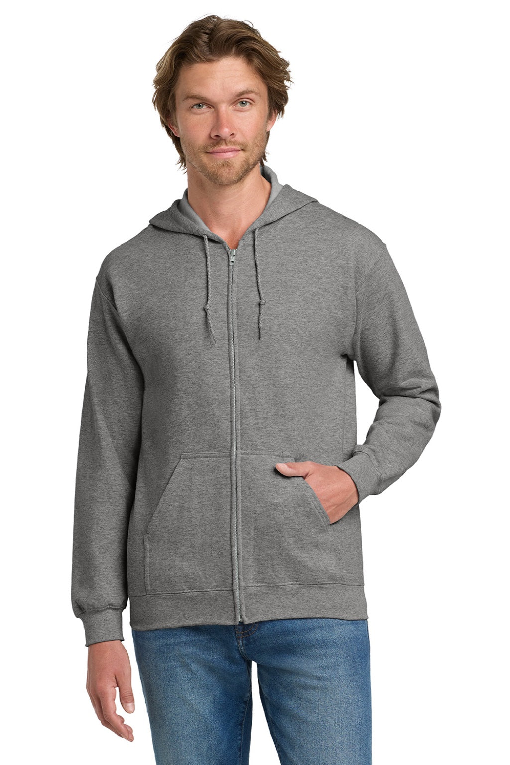 Gildan 18600 Mens Pill Resistant Full Zip Hooded Sweatshirt Hoodie w/ Pockets Heather Graphite Grey Model Front