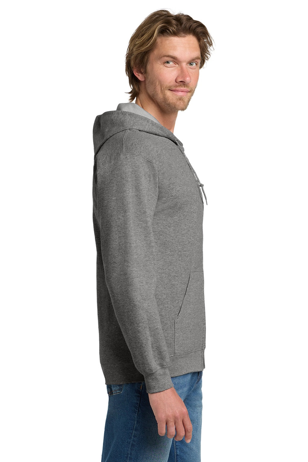 Gildan 18600 Mens Pill Resistant Full Zip Hooded Sweatshirt Hoodie w/ Pockets Heather Graphite Grey Model Side