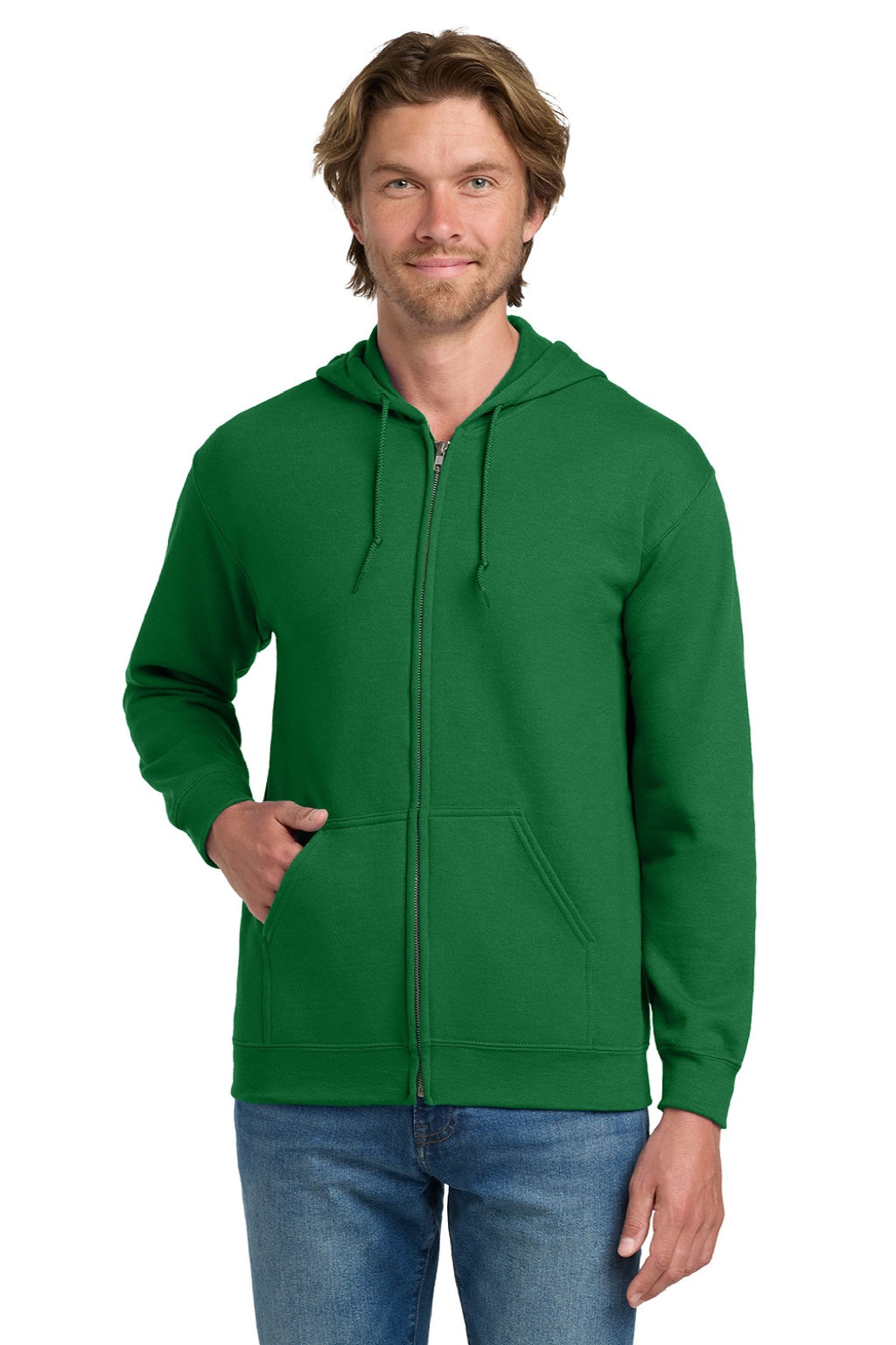 Gildan 18600 Mens Pill Resistant Full Zip Hooded Sweatshirt Hoodie w/ Pockets Irish Green Model Front