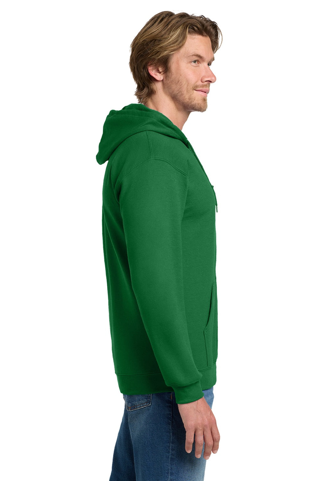 Gildan 18600 Mens Pill Resistant Full Zip Hooded Sweatshirt Hoodie w/ Pockets Irish Green Model Side