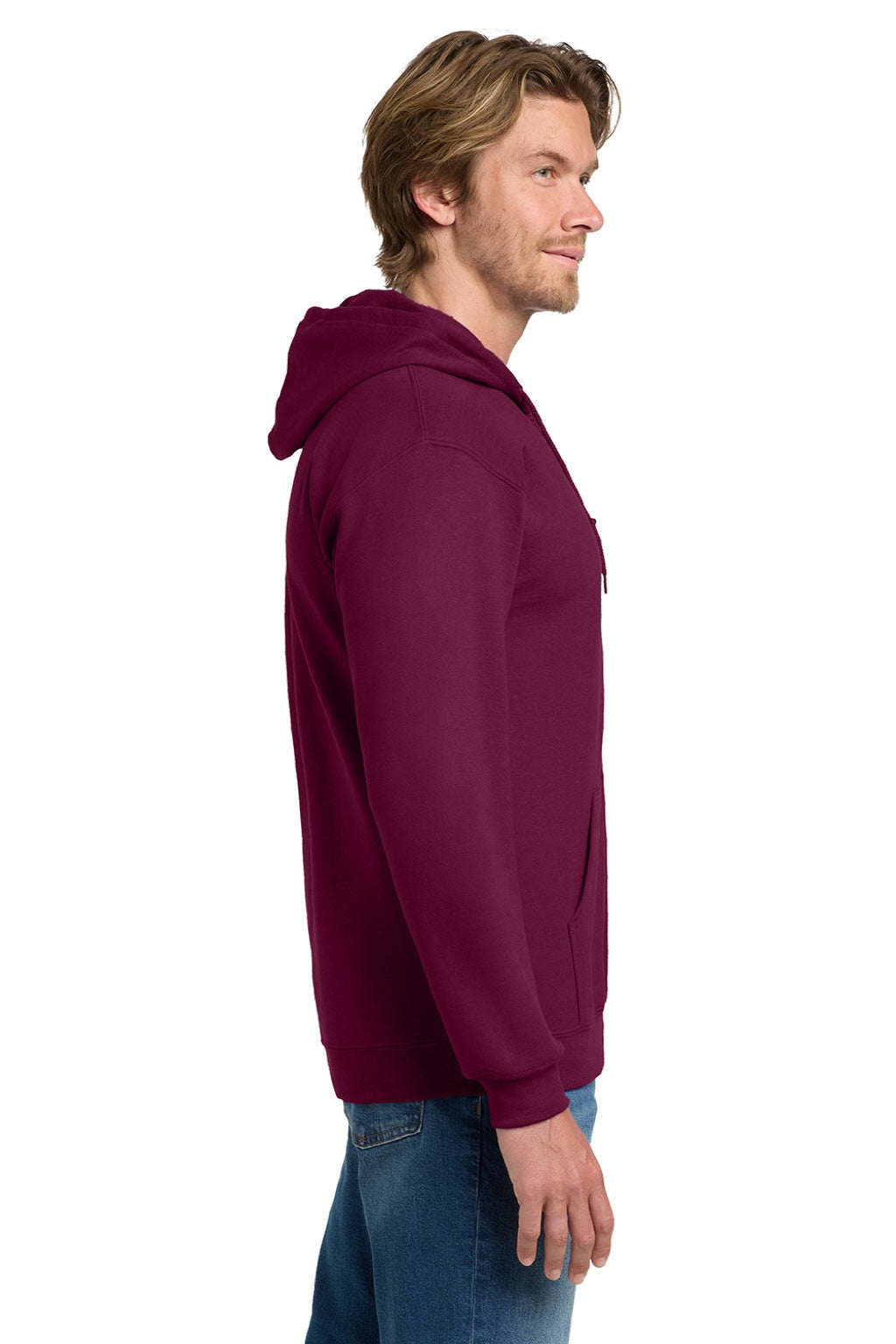 Gildan 18600 Mens Pill Resistant Full Zip Hooded Sweatshirt Hoodie w/ Pockets Maroon Model Side
