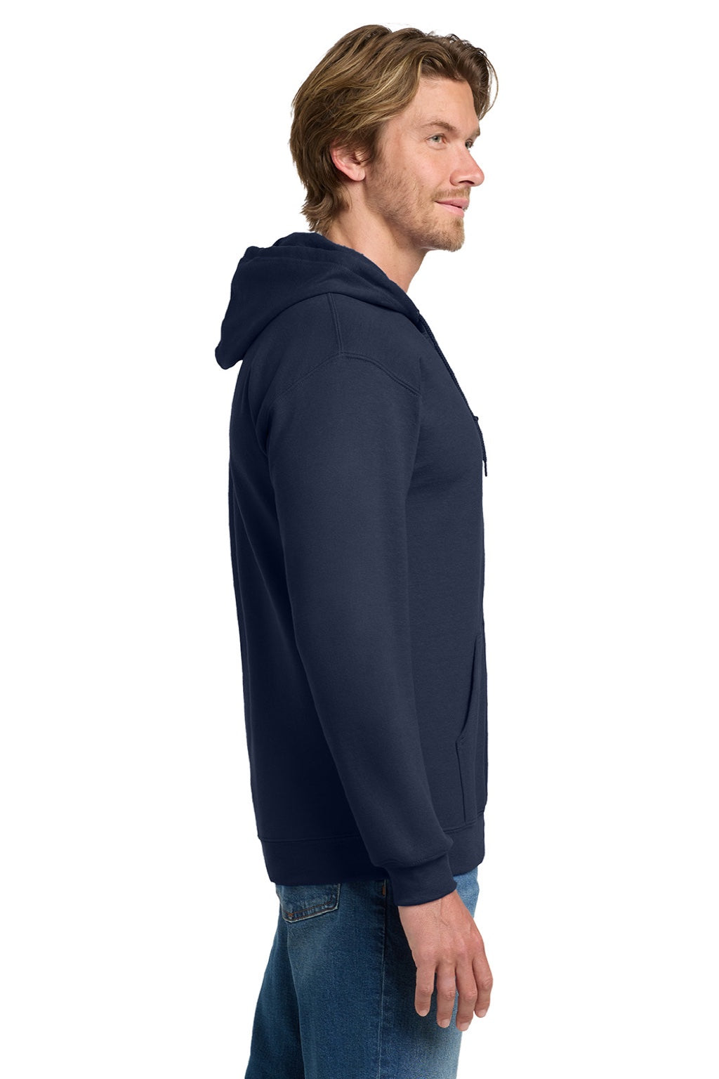 Gildan 18600 Mens Pill Resistant Full Zip Hooded Sweatshirt Hoodie w/ Pockets Navy Blue Model Side