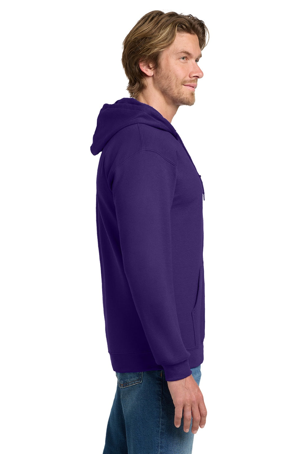 Gildan 18600 Mens Pill Resistant Full Zip Hooded Sweatshirt Hoodie w/ Pockets Purple Model Side