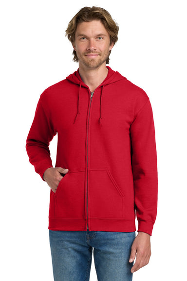 Gildan 18600 Mens Pill Resistant Full Zip Hooded Sweatshirt Hoodie w/ Pockets Red Model Front
