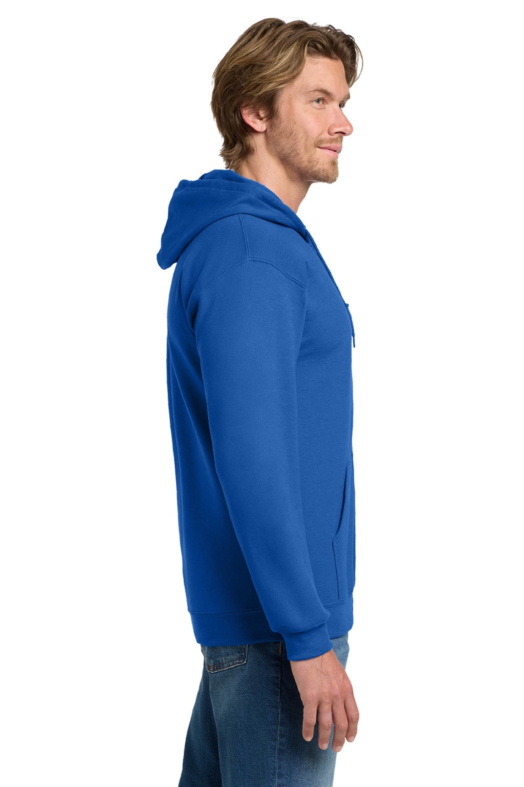 Gildan 18600 Mens Pill Resistant Full Zip Hooded Sweatshirt Hoodie w/ Pockets Royal Blue Model Side