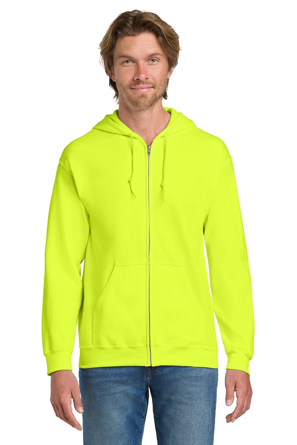 Gildan 18600 Mens Pill Resistant Full Zip Hooded Sweatshirt Hoodie w/ Pockets Safety Green Model Front