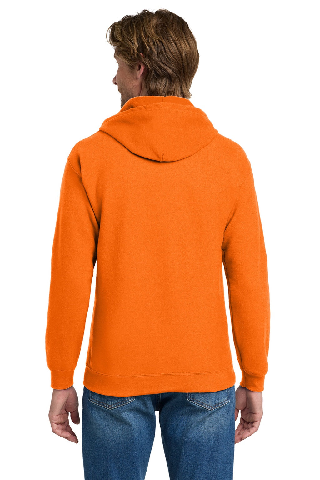 Gildan 18600 Mens Pill Resistant Full Zip Hooded Sweatshirt Hoodie w/ Pockets Safety Orange Model Back