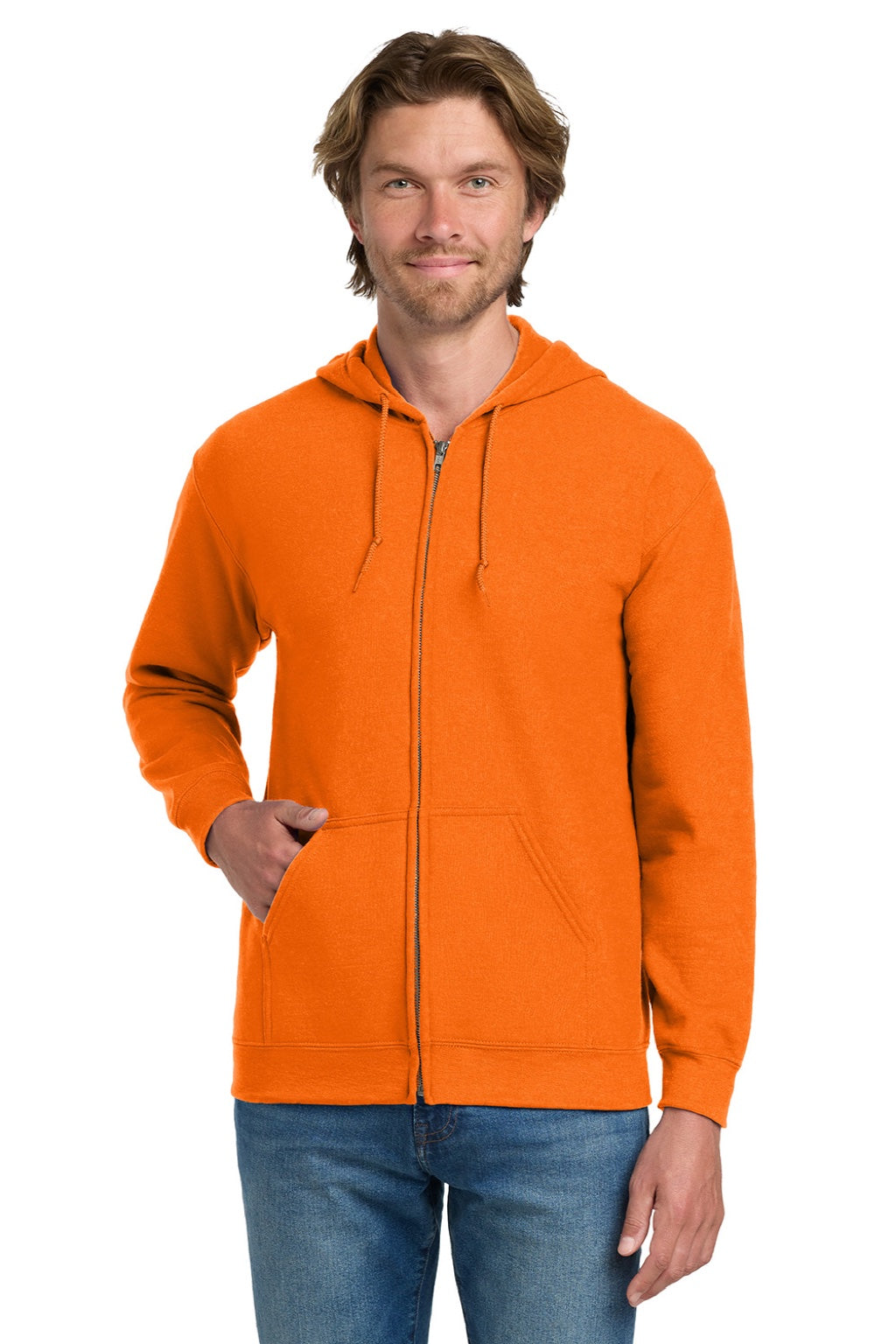 Gildan 18600 Mens Pill Resistant Full Zip Hooded Sweatshirt Hoodie w/ Pockets Safety Orange Model Front