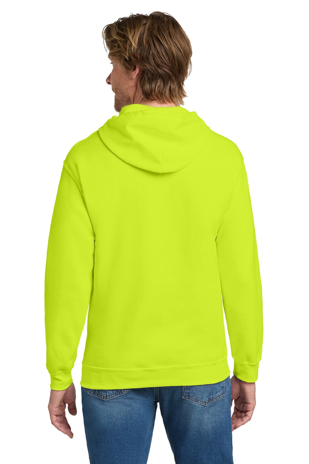 Gildan 18600 Mens Pill Resistant Full Zip Hooded Sweatshirt Hoodie w/ Pockets Safety Green Model Back