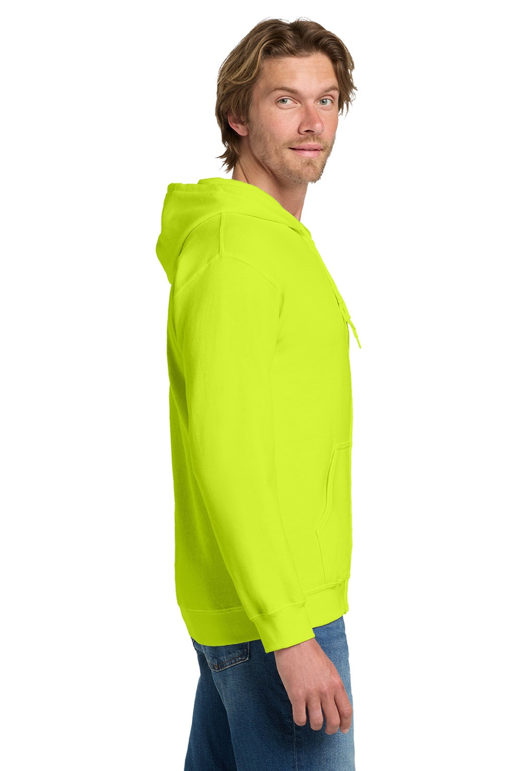 Gildan 18600 Mens Pill Resistant Full Zip Hooded Sweatshirt Hoodie w/ Pockets Safety Green Model Side