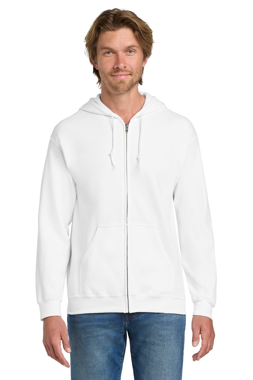 Gildan 18600 Mens Pill Resistant Full Zip Hooded Sweatshirt Hoodie w/ Pockets White Model Front