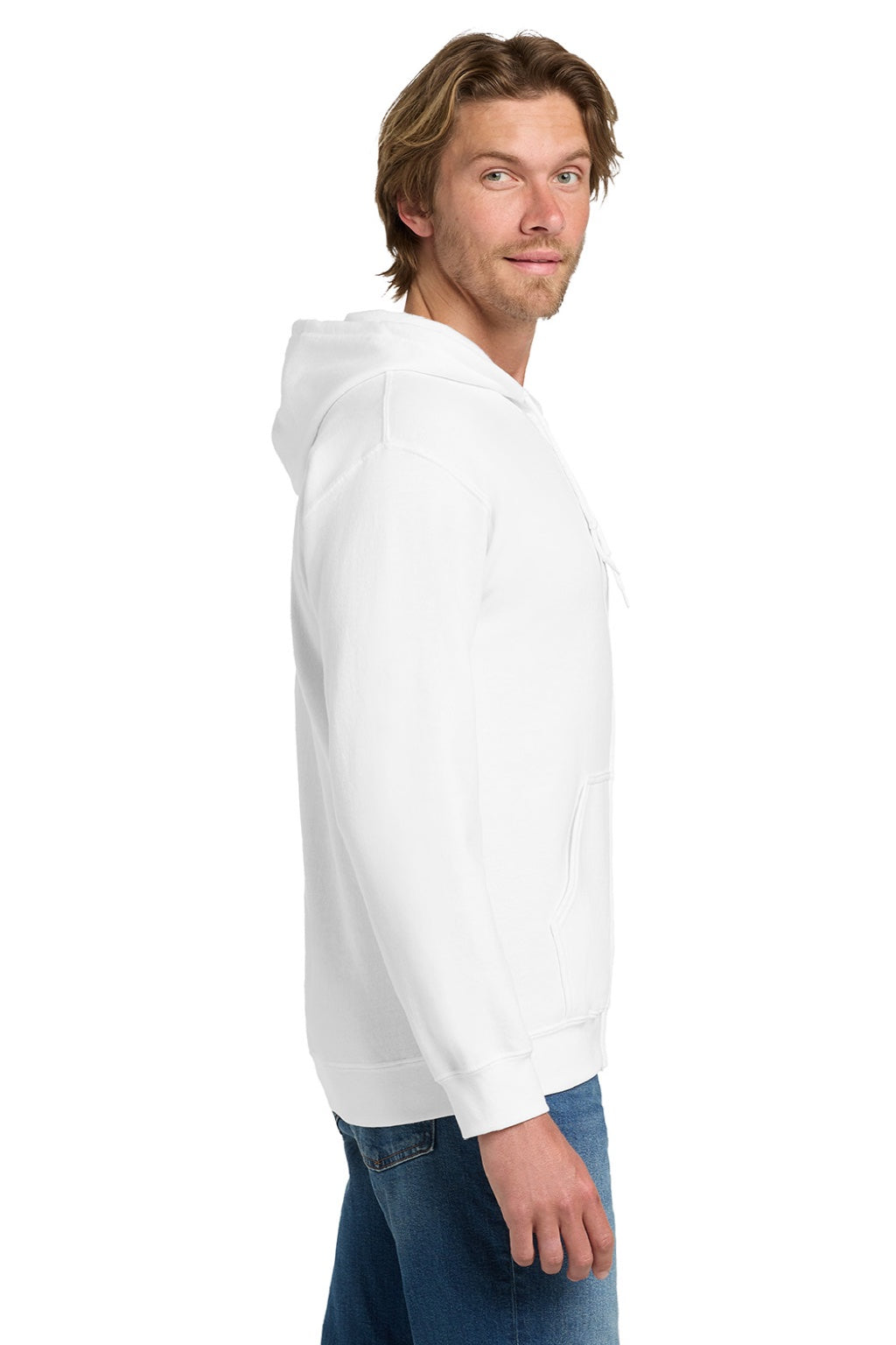 Gildan 18600 Mens Pill Resistant Full Zip Hooded Sweatshirt Hoodie w/ Pockets White Model Side