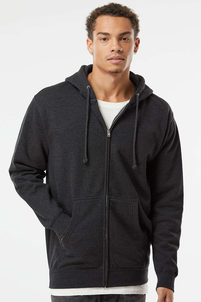 Independent Trading Company IND4000Z Mens Full Zip Hooded Sweatshirt Hoodie w/ Pockets Heather Charcoal Grey Model Front