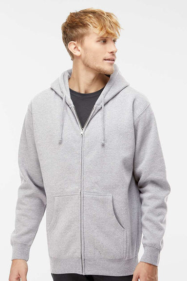 Independent Trading Company IND4000Z Mens Full Zip Hooded Sweatshirt Hoodie w/ Pockets Heather Grey Model Front