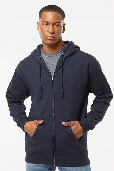 Independent Trading Company IND4000Z Mens Full Zip Hooded Sweatshirt Hoodie w/ Pockets Navy Blue Model Front