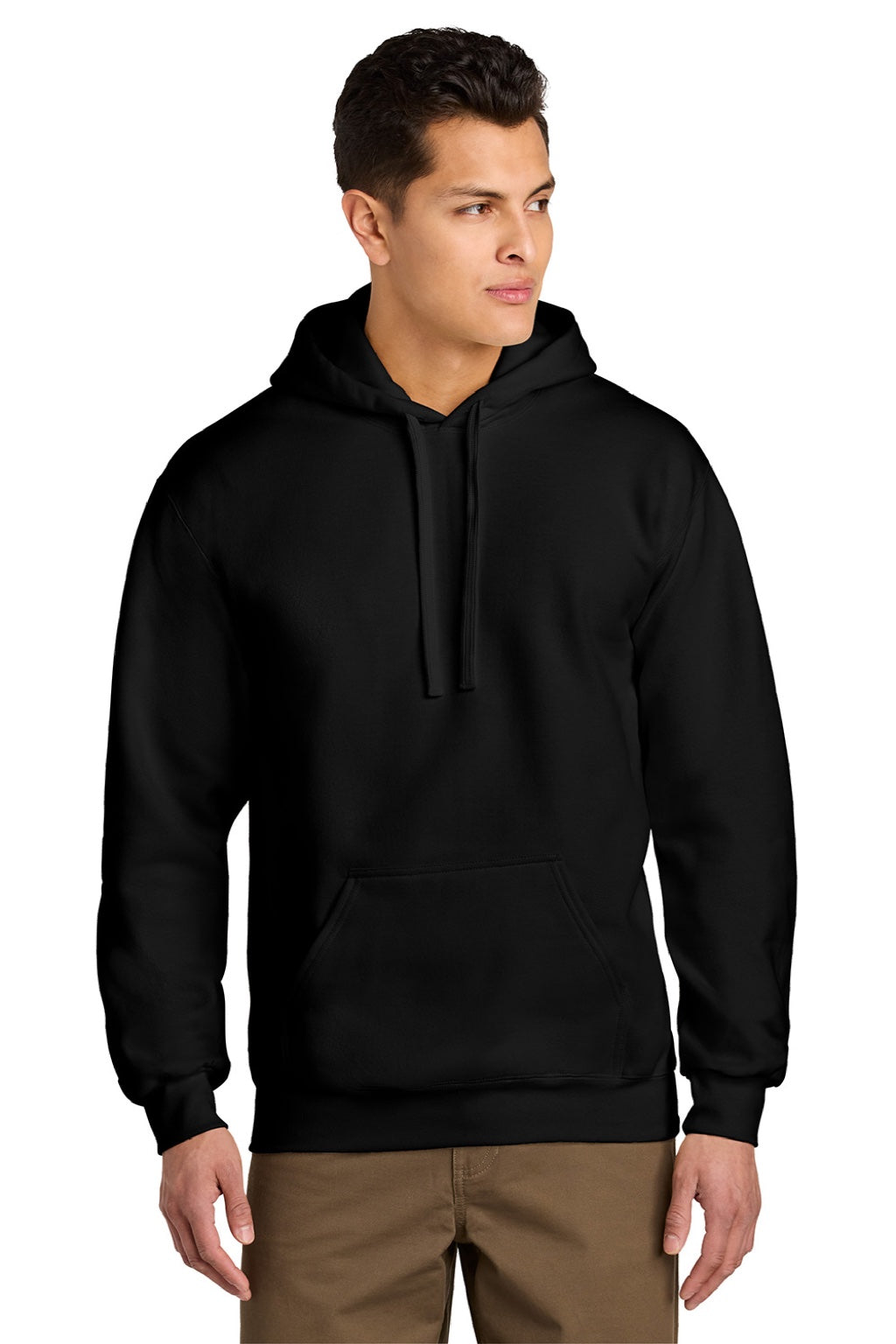 Gildan 19500 Mens Hammer Maxweight Hooded Sweatshirt Hoodie w/ Pouch Pocket Pitch Black Model Front