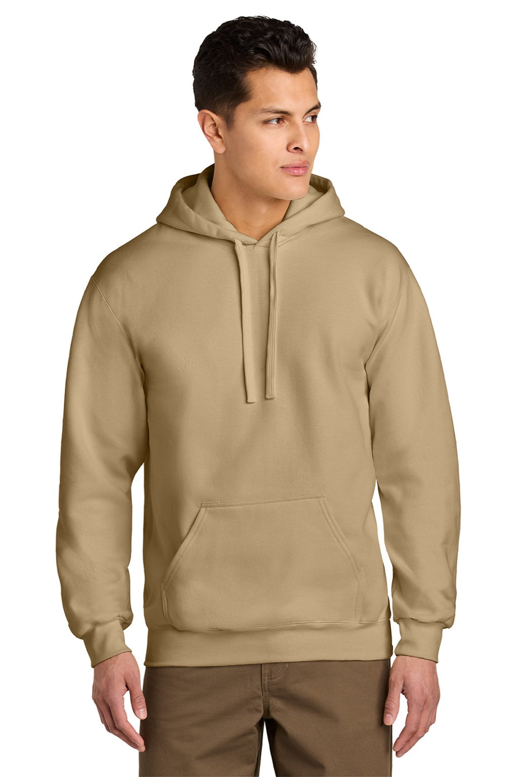 Gildan 19500 Mens Hammer Maxweight Hooded Sweatshirt Hoodie w/ Pouch Pocket Tan Model Front