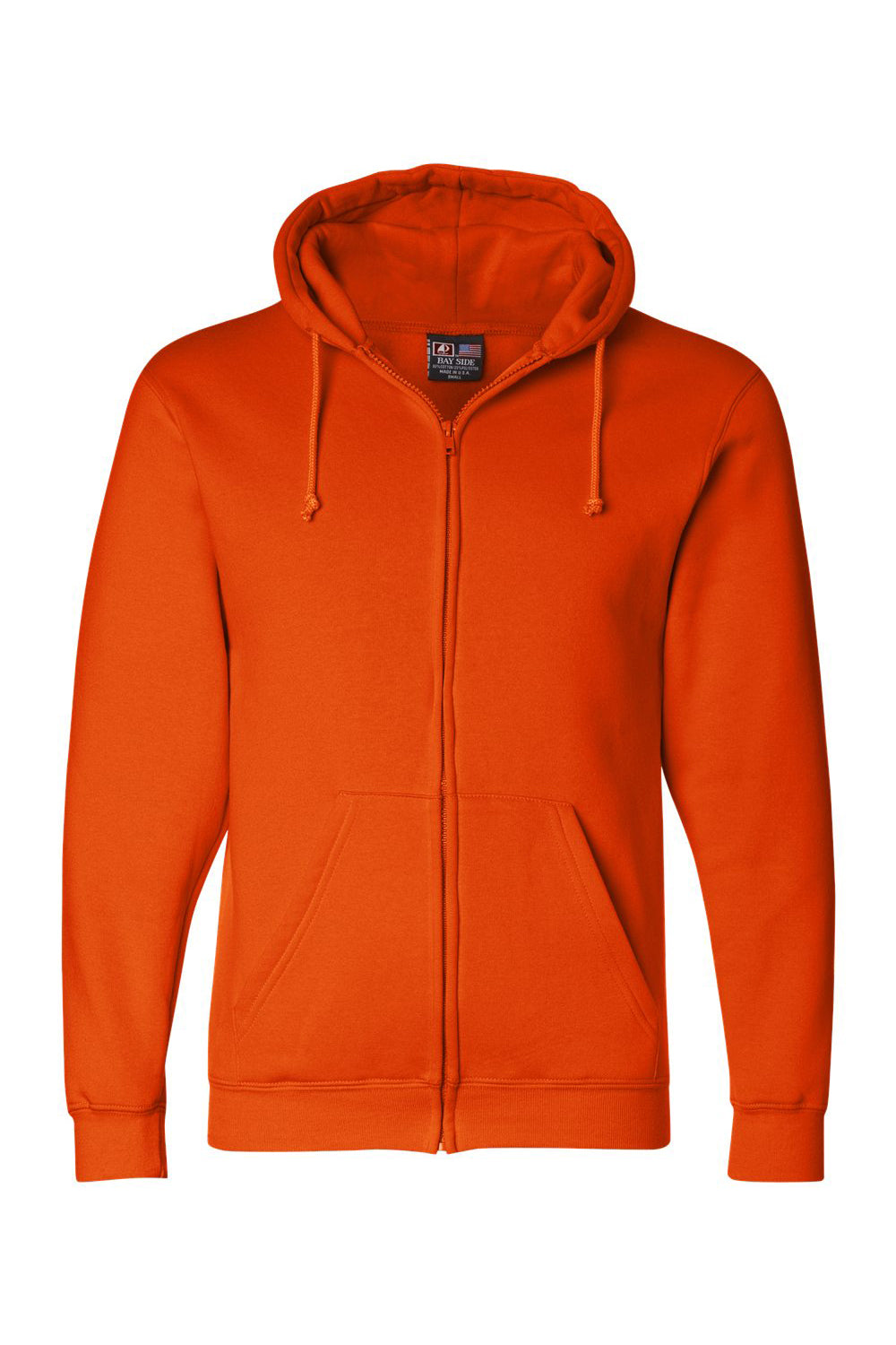 Bayside BA900 Mens USA Made Full Zip Hooded Sweatshirt Hoodie Bright Orange Flat Front