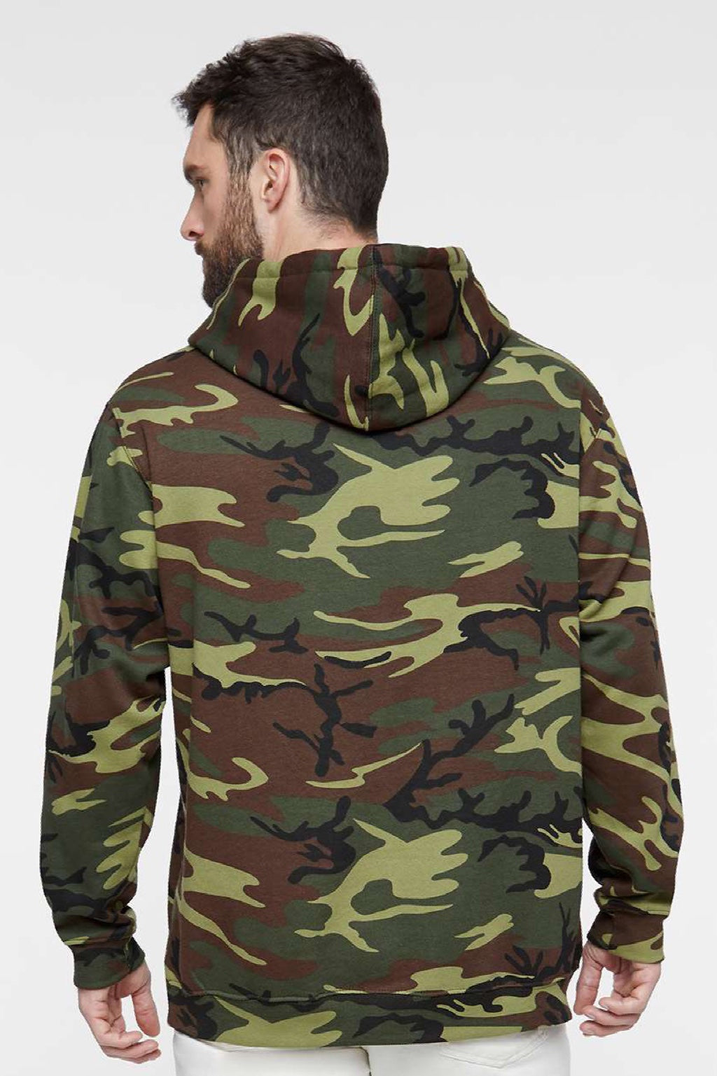 Code Five 3969 Mens Camo Pullover Hooded Fleece Sweatshirt Hoodie w/ Pouch Pocket Green Woodland Camo Model Back