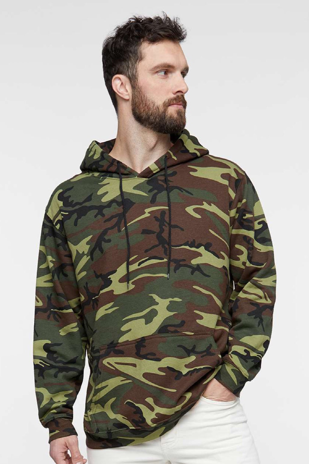 Code Five 3969 Mens Camo Pullover Hooded Fleece Sweatshirt Hoodie w/ Pouch Pocket Green Woodland Camo Model Front