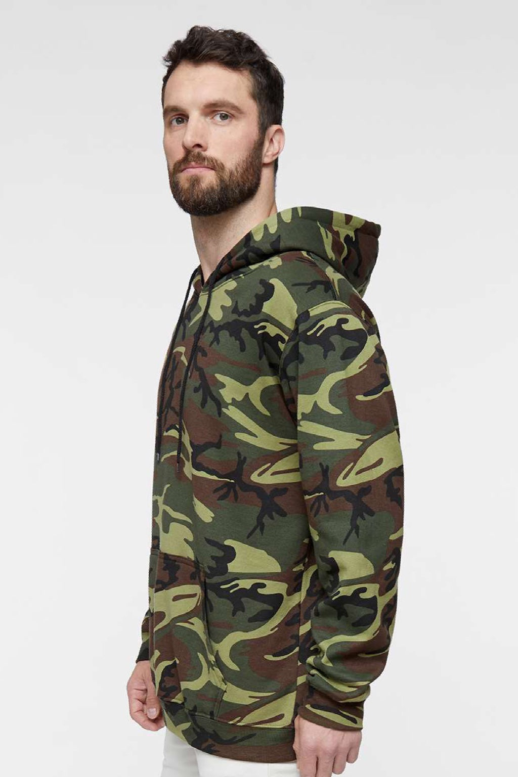 Code Five 3969 Mens Camo Pullover Hooded Fleece Sweatshirt Hoodie w/ Pouch Pocket Green Woodland Camo Model Side