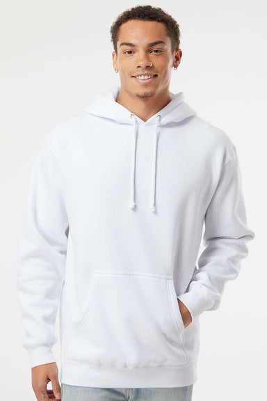 Independent Trading Company IND4000 Mens Hooded Sweatshirt Hoodie w/ Pouch Pocket White Model Front