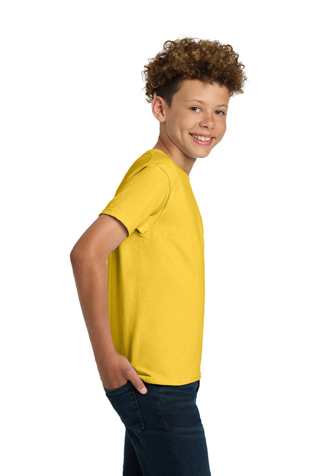 Gildan 2000B Youth Ultra Short Sleeve Crewneck T-Shirt Daisy Yellow Model Side