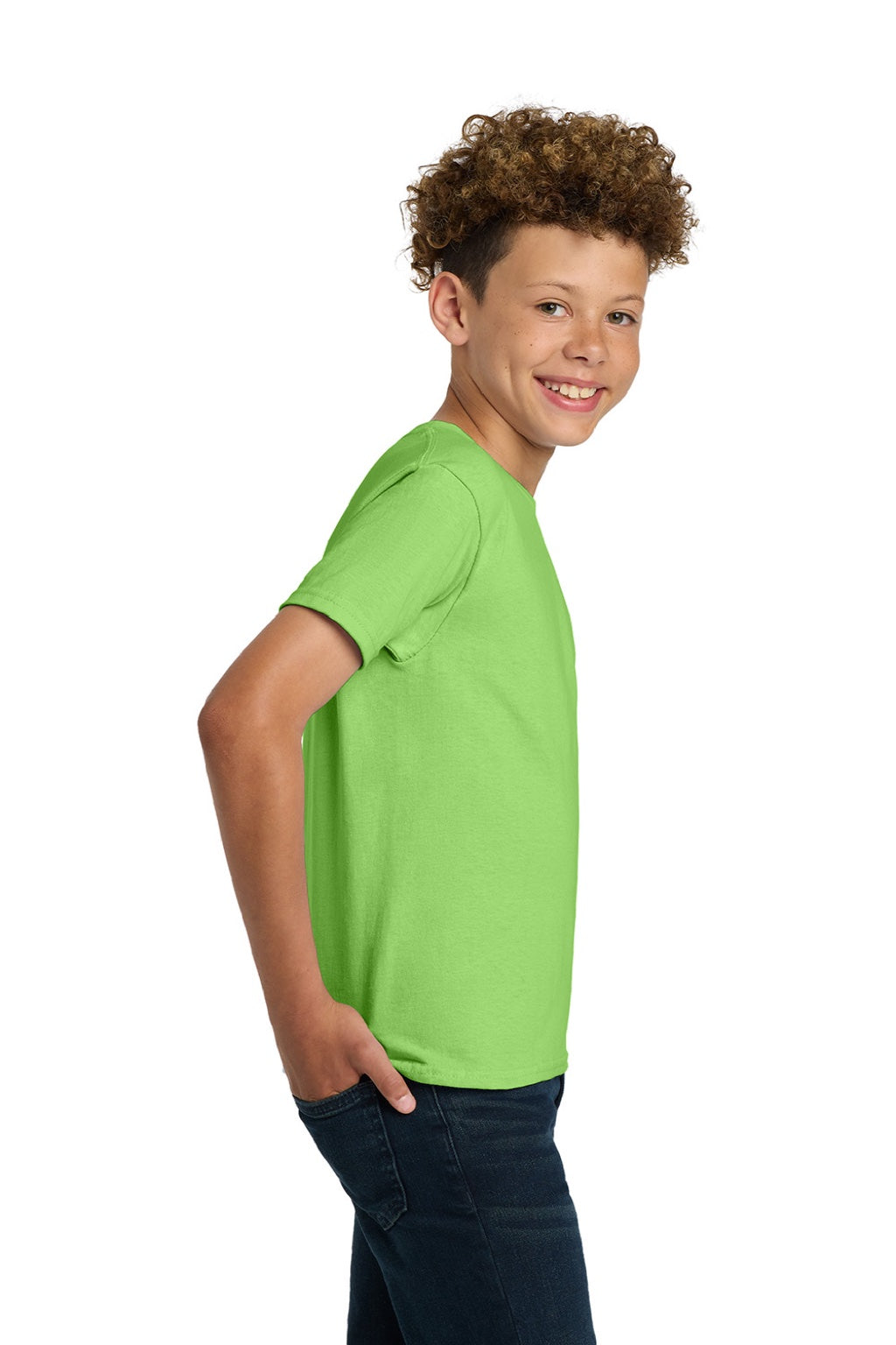 Gildan 2000B Youth Ultra Short Sleeve Crewneck T-Shirt Lime Green Model Side