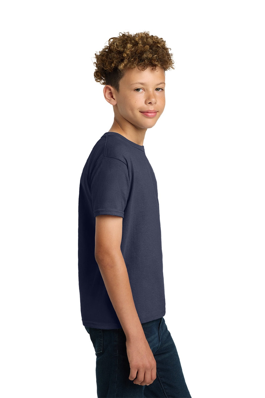 Gildan 2000B Youth Ultra Short Sleeve Crewneck T-Shirt Navy Blue Model Side
