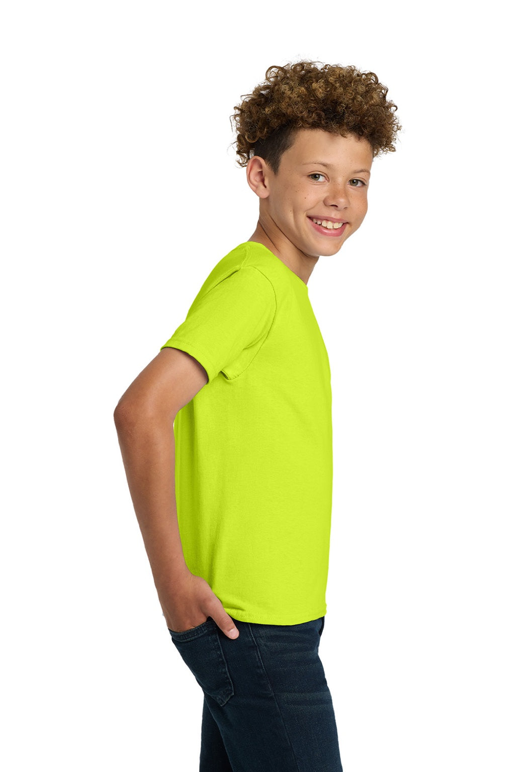 Gildan 2000B Youth Ultra Short Sleeve Crewneck T-Shirt Safety Green Model Side