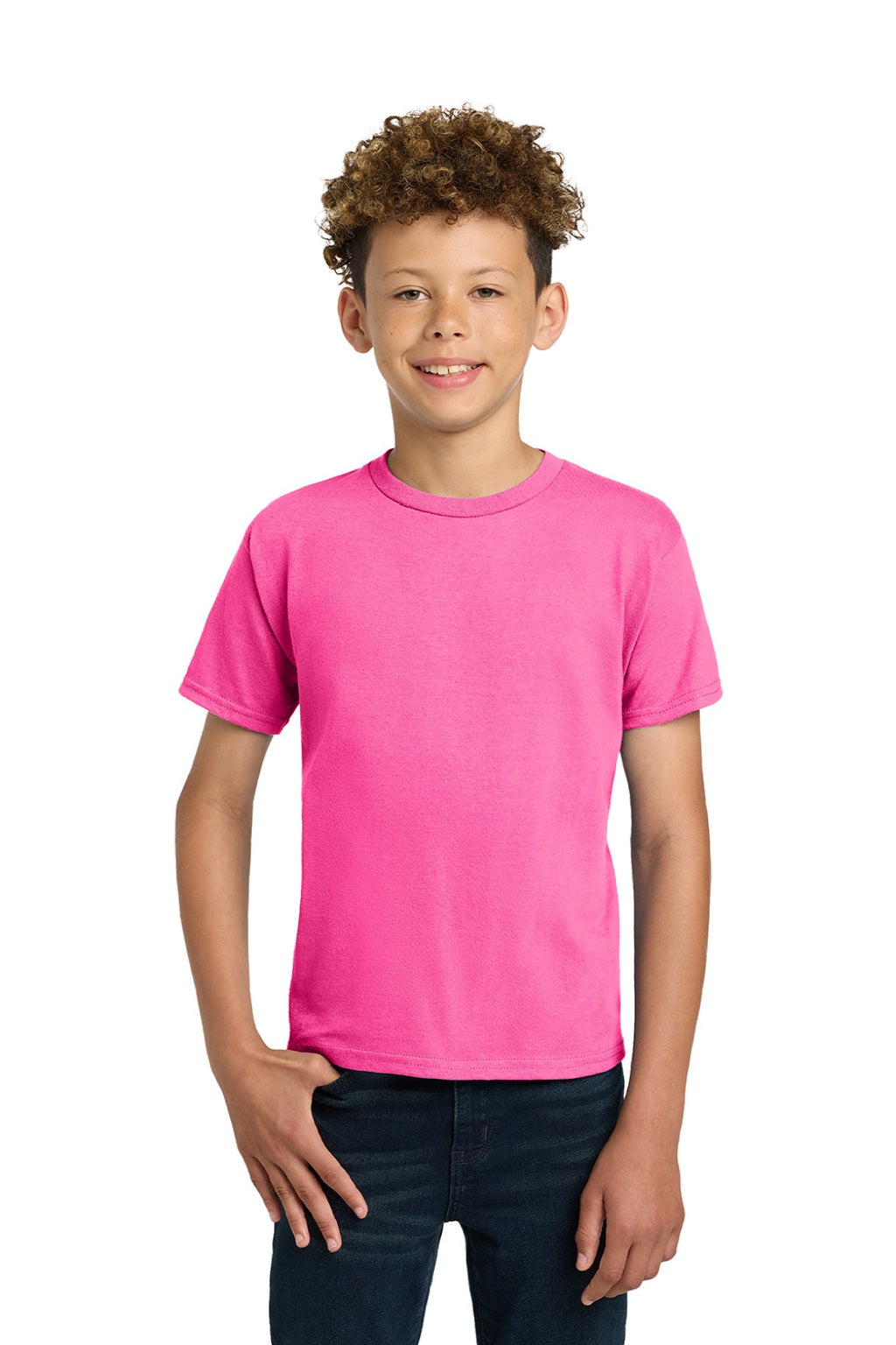 Gildan 2000B Youth Ultra Short Sleeve Crewneck T-Shirt Safety Pink Model Front