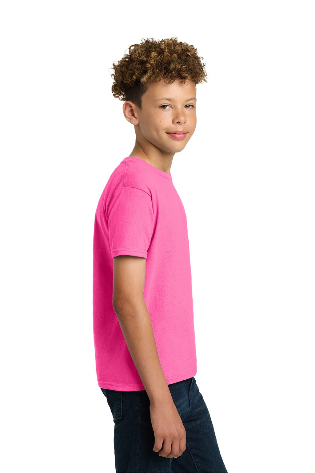 Gildan 2000B Youth Ultra Short Sleeve Crewneck T-Shirt Safety Pink Model Side